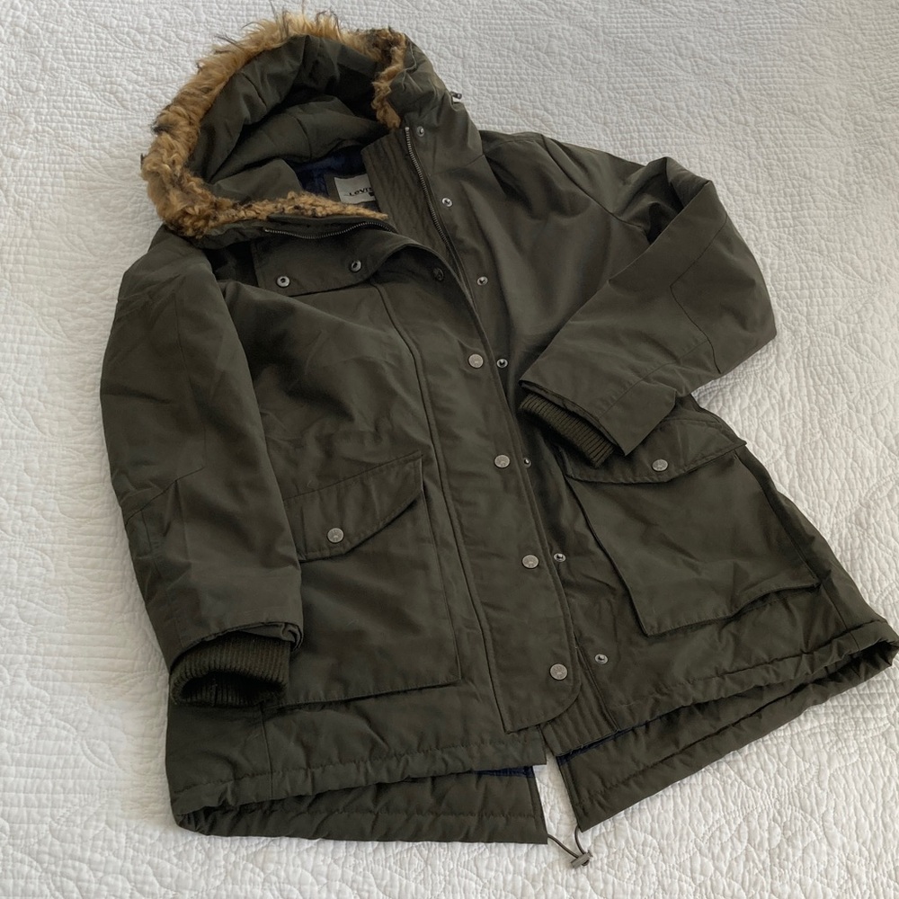 Levi's Olive Green Parka with Fur-Trim Hood, Women’s Medium